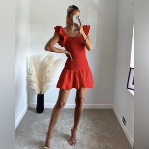 Zara Bohemian Cotton Bright Red Ruffles Smocked Dress Size Small New With Tags!